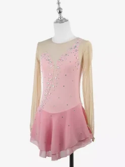 Yellow Women Girl Skating Dress Nuded Long Sleeves Rhinetone Ice Skater Dress