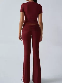 Yoga Sets Two Piece Outfits For Women - Slim Fit Short Sleeve Crop Top And Flared Pants - Summer Activewear Lounge 2026