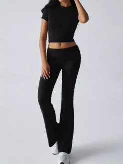 Yoga Sets Two Piece Outfits For Women - Slim Fit Short Sleeve Crop Top And Flared Pants - Summer Activewear Lounge 2026