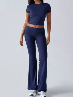 Yoga Sets Two Piece Outfits For Women - Slim Fit Short Sleeve Crop Top And Flared Pants - Summer Activewear Lounge 2026