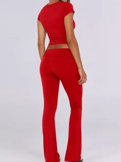 Yoga Sets Two Piece Outfits For Women - Slim Fit Short Sleeve Crop Top And Flared Pants - Summer Activewear Lounge 2026