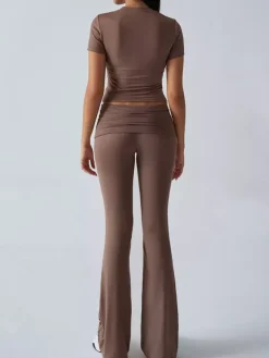 Yoga Sets Two Piece Outfits For Women - Slim Fit Short Sleeve Crop Top And Flared Pants - Summer Activewear Lounge 2026