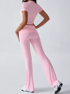 Yoga Sets Two Piece Outfits For Women - Slim Fit Short Sleeve Crop Top And Flared Pants - Summer Activewear Lounge 2026