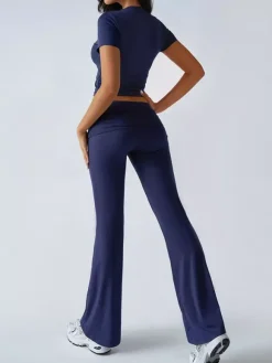 Yoga Sets Two Piece Outfits For Women - Slim Fit Short Sleeve Crop Top And Flared Pants - Summer Activewear Lounge 2026