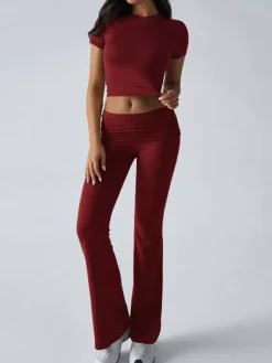 Yoga Sets Two Piece Outfits For Women - Slim Fit Short Sleeve Crop Top And Flared Pants - Summer Activewear Lounge 2026