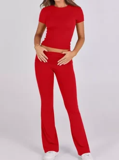 Yoga Sets Two Piece Outfits For Women - Slim Fit Short Sleeve Crop Top And Flared Pants - Summer Activewear Lounge 2026
