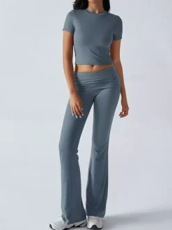 Yoga Sets Two Piece Outfits For Women - Slim Fit Short Sleeve Crop Top And Flared Pants - Summer Activewear Lounge 2026