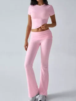 Yoga Sets Two Piece Outfits For Women - Slim Fit Short Sleeve Crop Top And Flared Pants - Summer Activewear Lounge 2026