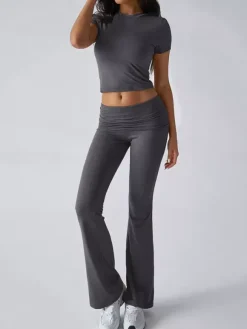 Yoga Sets Two Piece Outfits For Women - Slim Fit Short Sleeve Crop Top And Flared Pants - Summer Activewear Lounge 2026