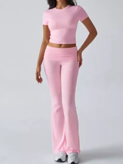 Yoga Sets Two Piece Outfits For Women - Slim Fit Short Sleeve Crop Top And Flared Pants - Summer Activewear Lounge 2026