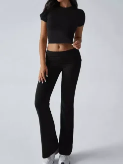 Yoga Sets Two Piece Outfits For Women - Slim Fit Short Sleeve Crop Top And Flared Pants - Summer Activewear Lounge 2026