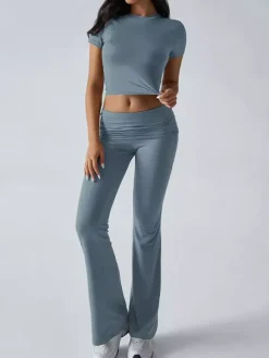 Yoga Sets Two Piece Outfits For Women - Slim Fit Short Sleeve Crop Top And Flared Pants - Summer Activewear Lounge 2026
