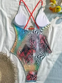 Zebra Leopard Mixed Print Criss Cross Back Tie One Piece Monokini Swimsuit