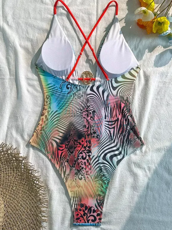 Zebra Leopard Mixed Print Criss Cross Back Tie One Piece Monokini Swimsuit