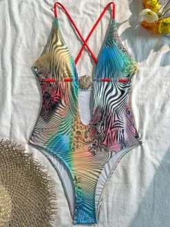 Zebra Leopard Mixed Print Criss Cross Back Tie One Piece Monokini Swimsuit