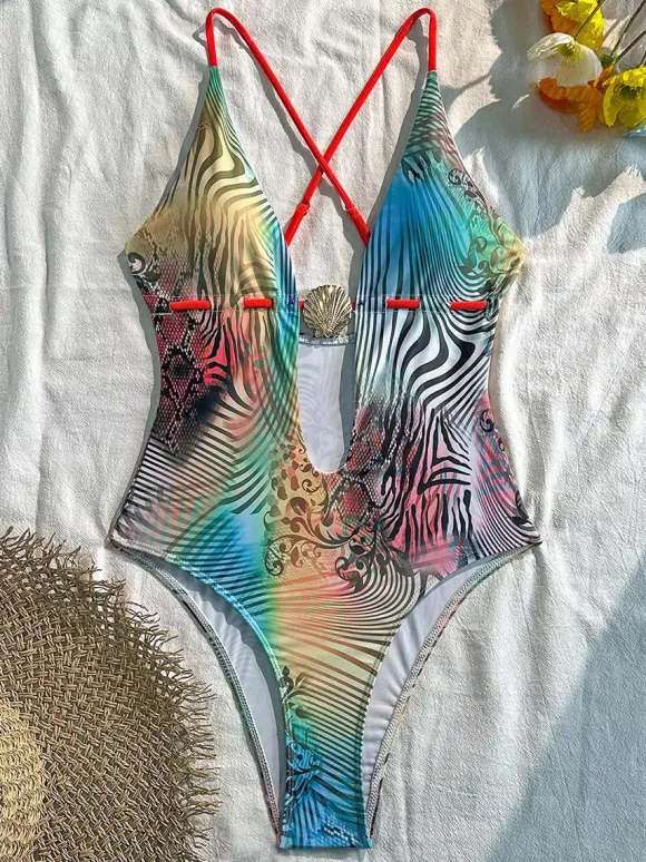 Zebra Leopard Mixed Print Criss Cross Back Tie One Piece Monokini Swimsuit