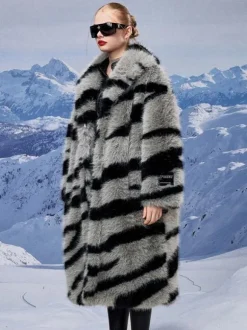 Zebra Print Faux Fur Coat Turndown Collar Oversized Eco-friendly Long Jacket For Women 2026