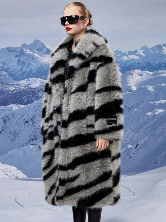 Zebra Print Faux Fur Coat Turndown Collar Oversized Eco-friendly Long Jacket For Women 2026