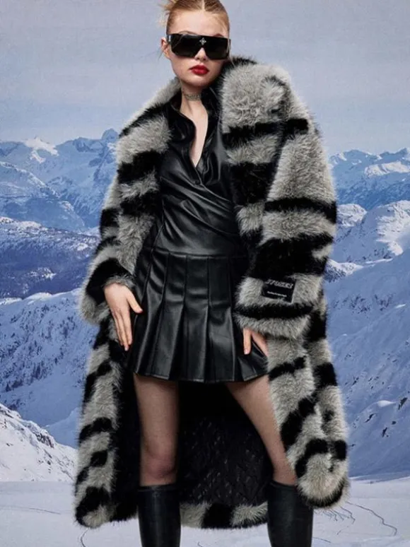 Zebra Print Faux Fur Coat Turndown Collar Oversized Eco-friendly Long Jacket For Women 2026