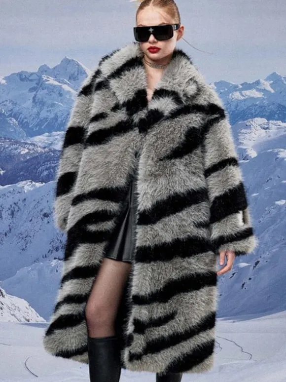 Zebra Print Faux Fur Coat Turndown Collar Oversized Eco-friendly Long Jacket For Women 2026