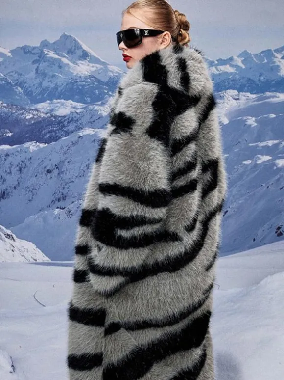 Zebra Print Faux Fur Coat Turndown Collar Oversized Eco-friendly Long Jacket For Women 2026