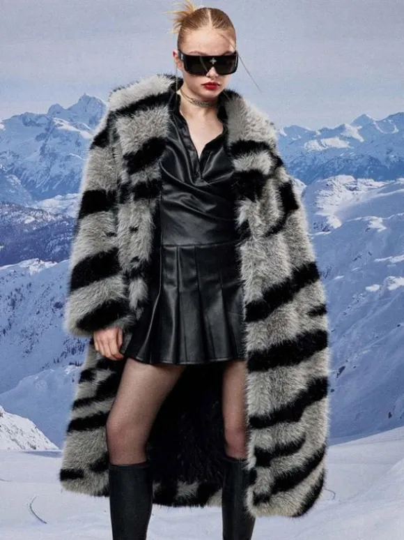 Zebra Print Faux Fur Coat Turndown Collar Oversized Eco-friendly Long Jacket For Women 2026