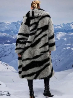 Zebra Print Faux Fur Coat Turndown Collar Oversized Eco-friendly Long Jacket For Women 2026