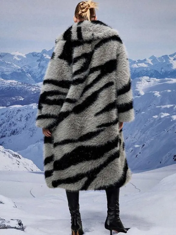 Zebra Print Faux Fur Coat Turndown Collar Oversized Eco-friendly Long Jacket For Women 2026
