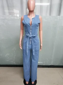 Zip Up Washed Denim Jumpsuit For Women - Light Blue Casual Belted Wide Leg One Piece - Summer Casual Streetwear 2026