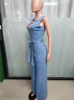 Zip Up Washed Denim Jumpsuit For Women - Light Blue Casual Belted Wide Leg One Piece - Summer Casual Streetwear 2026