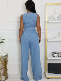Zip Up Washed Denim Jumpsuit For Women - Light Blue Casual Belted Wide Leg One Piece - Summer Casual Streetwear 2026