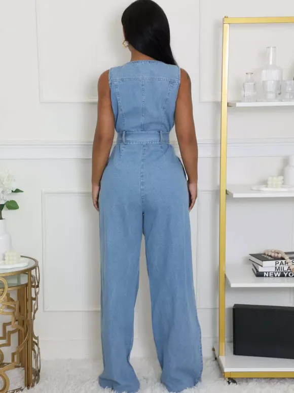 Zip Up Washed Denim Jumpsuit For Women - Light Blue Casual Belted Wide Leg One Piece - Summer Casual Streetwear 2026