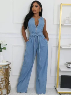 Zip Up Washed Denim Jumpsuit For Women - Light Blue Casual Belted Wide Leg One Piece - Summer Casual Streetwear 2026