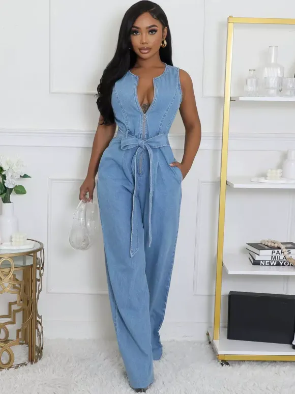 Zip Up Washed Denim Jumpsuit For Women - Light Blue Casual Belted Wide Leg One Piece - Summer Casual Streetwear 2026
