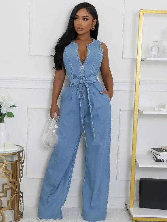 Zip Up Washed Denim Jumpsuit For Women - Light Blue Casual Belted Wide Leg One Piece - Summer Casual Streetwear 2026