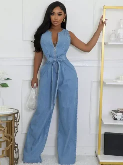 Zip Up Washed Denim Jumpsuit For Women - Light Blue Casual Belted Wide Leg One Piece - Summer Casual Streetwear 2026