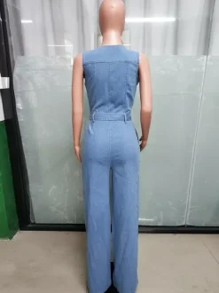 Zip Up Washed Denim Jumpsuit For Women - Light Blue Casual Belted Wide Leg One Piece - Summer Casual Streetwear 2026