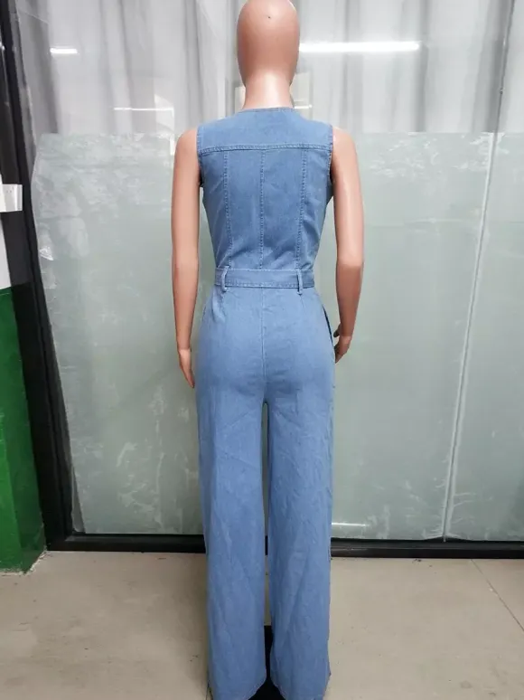 Zip Up Washed Denim Jumpsuit For Women - Light Blue Casual Belted Wide Leg One Piece - Summer Casual Streetwear 2026