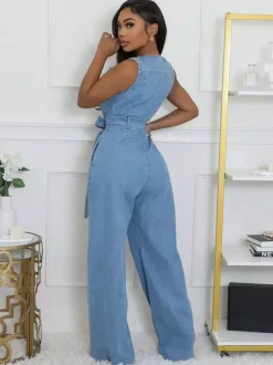 Zip Up Washed Denim Jumpsuit For Women - Light Blue Casual Belted Wide Leg One Piece - Summer Casual Streetwear 2026