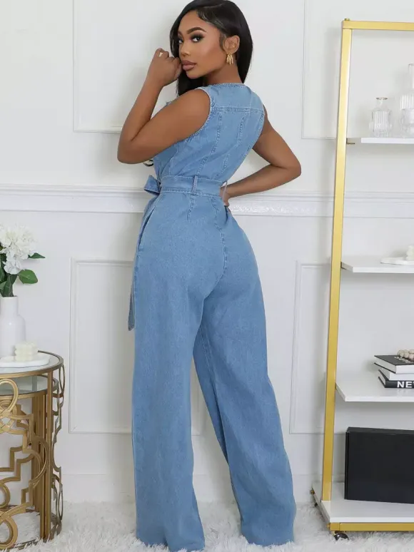 Zip Up Washed Denim Jumpsuit For Women - Light Blue Casual Belted Wide Leg One Piece - Summer Casual Streetwear 2026